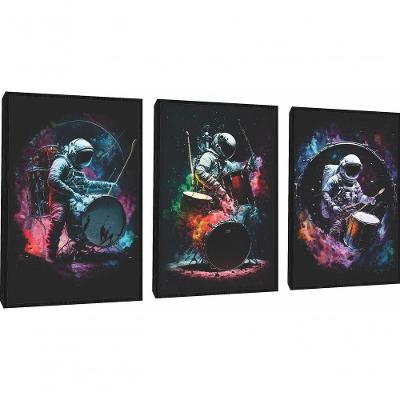 Quadro Decorativo Astronauta Tocando Bateria Rock Com Moldura Preto