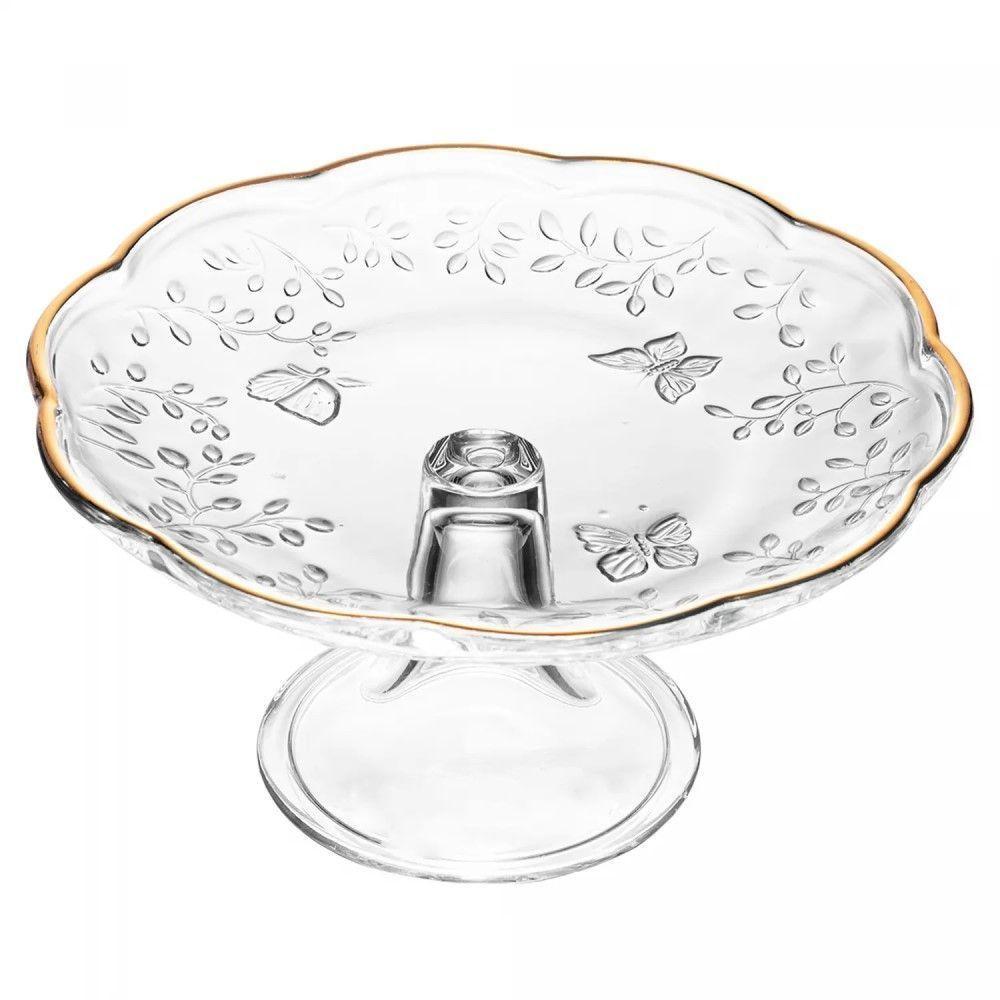 Prato Para Bolo 27 Cm De Cristal Com Pé New Butterfly Com Fio De Ouro Lyor - 1