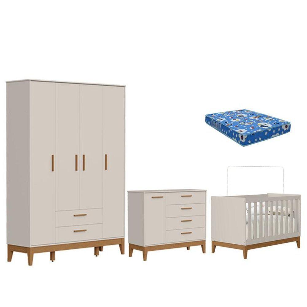 Quarto De Bebê Flip Com Cômoda Sapateira Areia Acetinado Com Colchão - Reller - 1