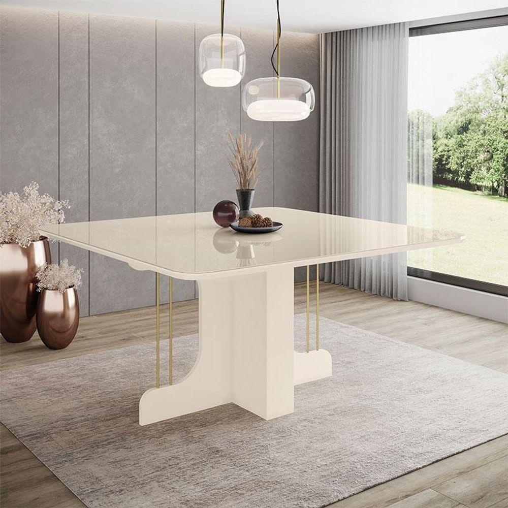 Mesa De Jantar Mavi Ambiente 150 Cm Canto Arredondado Com Vidro Off White - Henn - 1