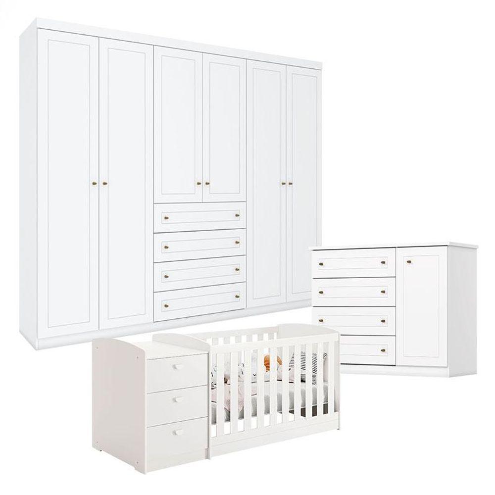 Quarto Americano 6 Portas Com Berço Multifuncional Atlanta Branco Fosco Henn - Reller - 1