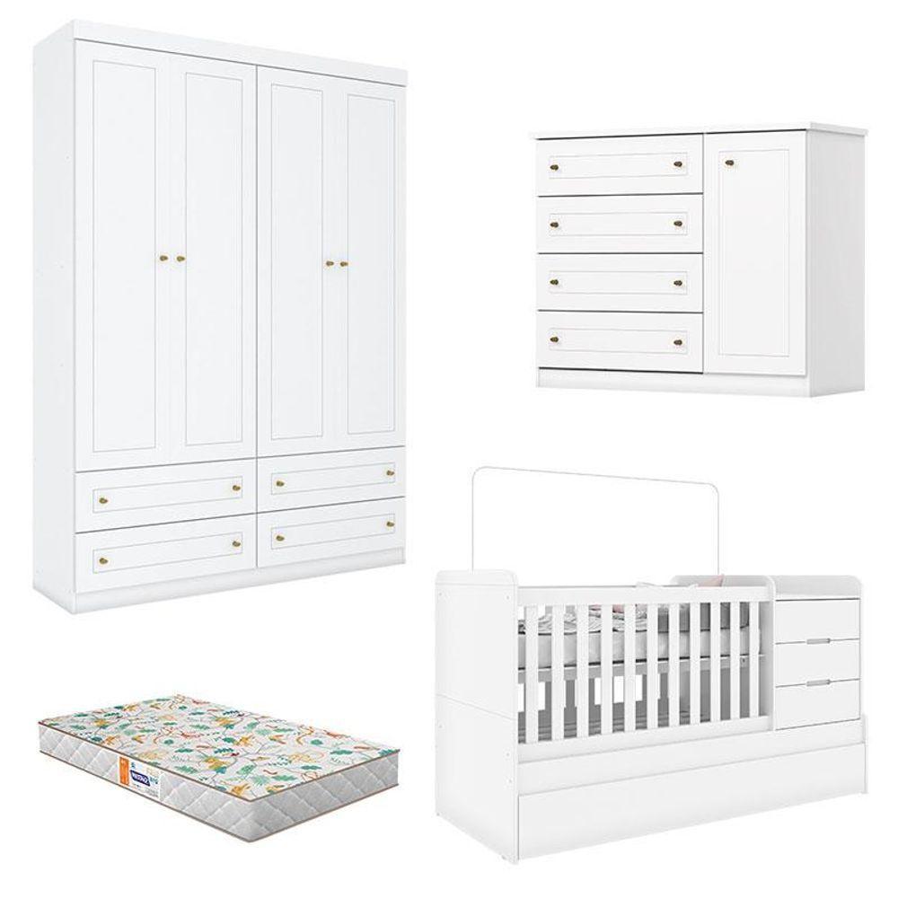 Quarto Infantil 4 Portas Mississipi Com Berço Multifuncional Cleo Ambiente Branco Fosco Com Colchão Gazin - Henn - 10