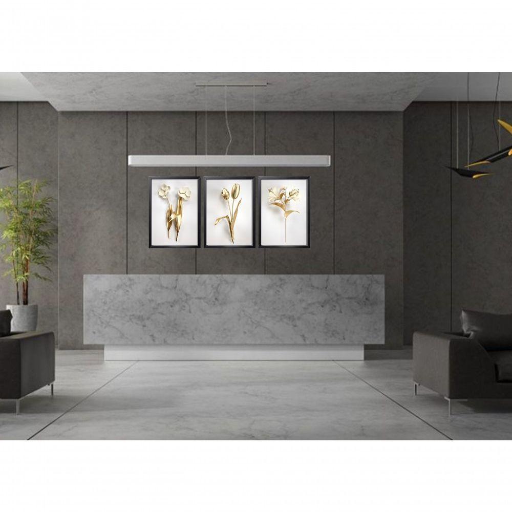 Quadro Decorativo Flor 3d Dourado Com Moldura Preto - 2