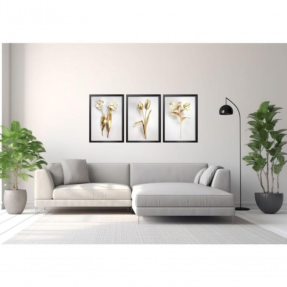 Quadro Decorativo Flor 3d Dourado Com Moldura Preto - 3