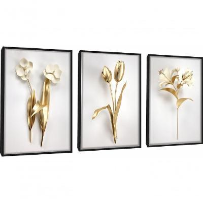 Quadro Decorativo Flor 3d Dourado Com Moldura Preto
