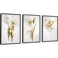 Quadro Decorativo Flor 3d Dourado Com Moldura Preto - 1
