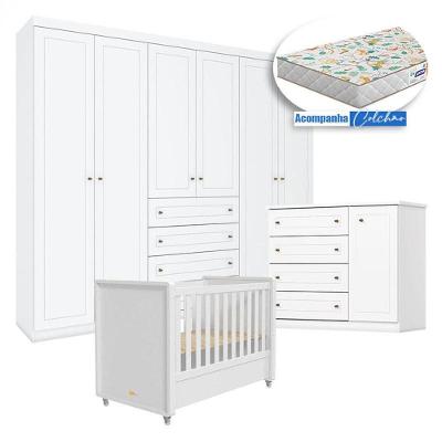 Quarto Infantil Mississipi 6 Portas Com Berço Tutto New Branco Fosco E Colchão Gazin - Henn