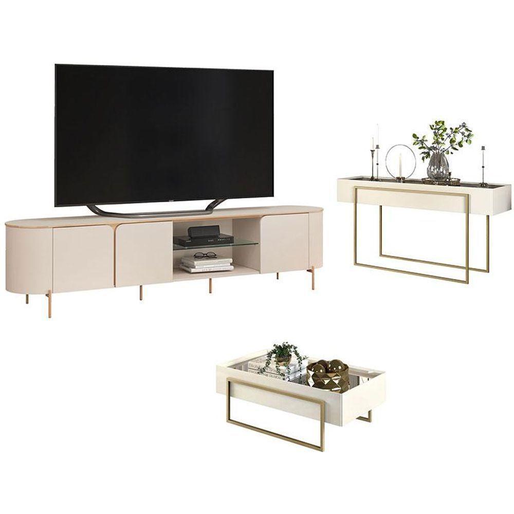 Rack Bancada Ariana Com Aparador Suri E Mesa De Centro Suri Off White - Dj Móveis - 1