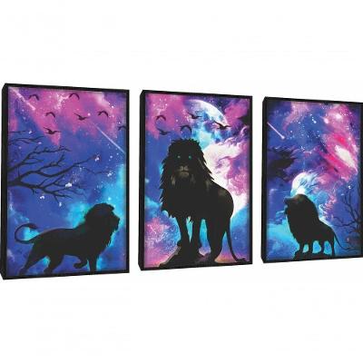 Quadro Decorativo Leão Com Fundo Colorido Com Moldura Preto