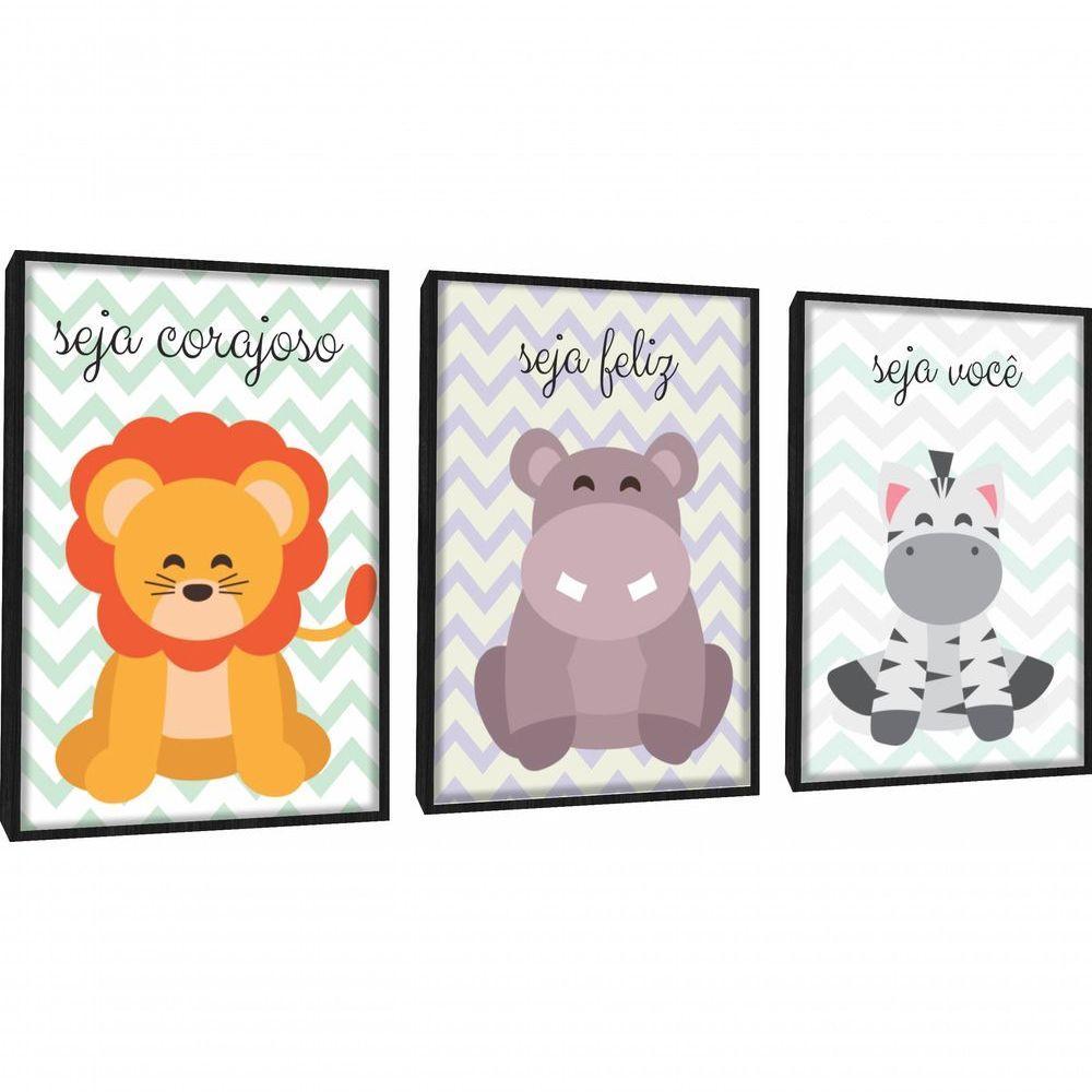 Quadro Decorativo Infantil Animais Com Moldura Preto - 1