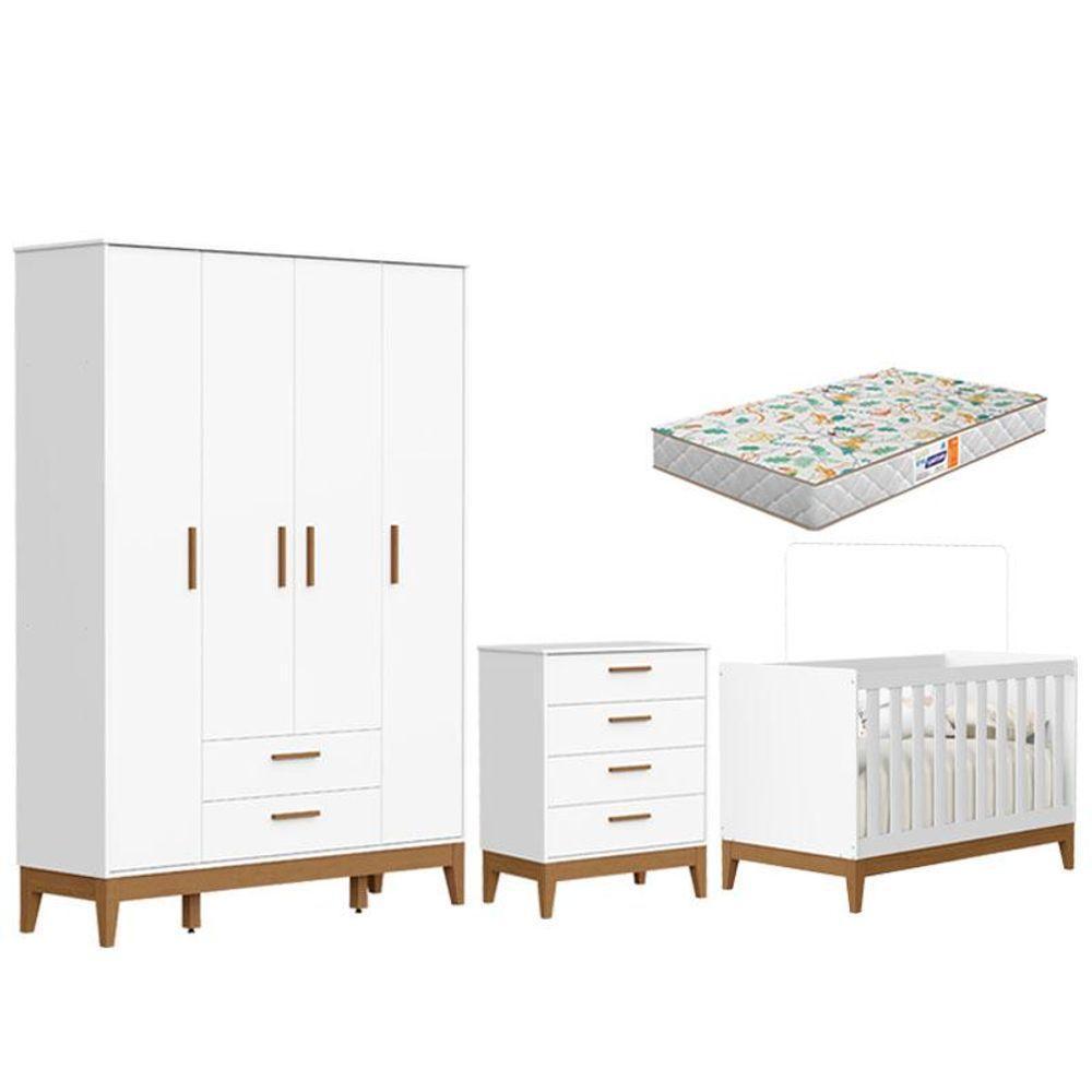 Quarto De Bebê Flip Guarda Roupa 4 Portas Branco Acetinado Com Colchão Gazin - Reller - 1