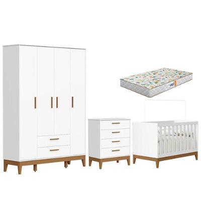 Quarto De Bebê Flip Guarda Roupa 4 Portas Branco Acetinado Com Colchão Gazin - Reller