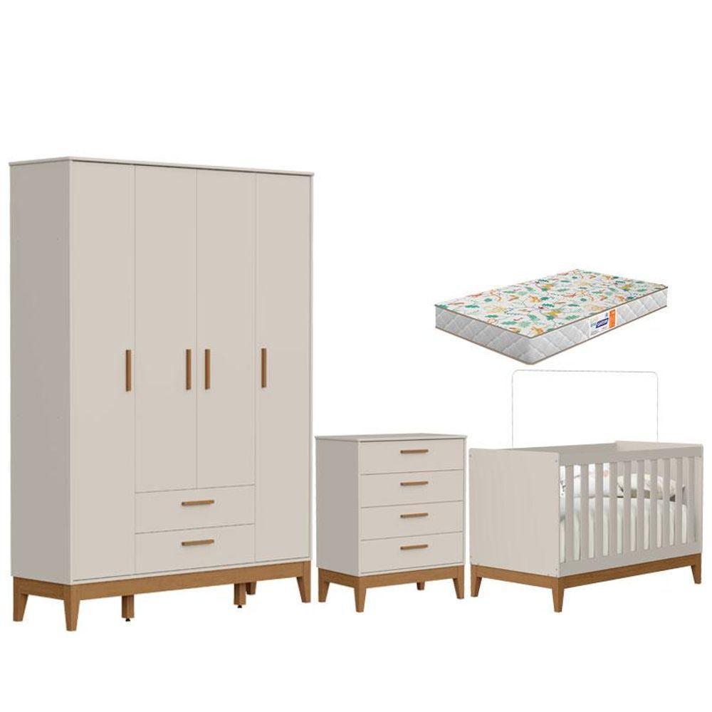 Quarto De Bebê Flip Guarda Roupa 4 Portas Areia Acetinado Com Colchão Gazin - Reller - 1