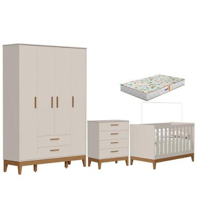 Quarto De Bebê Flip Guarda Roupa 4 Portas Areia Acetinado Com Colchão Gazin - Reller