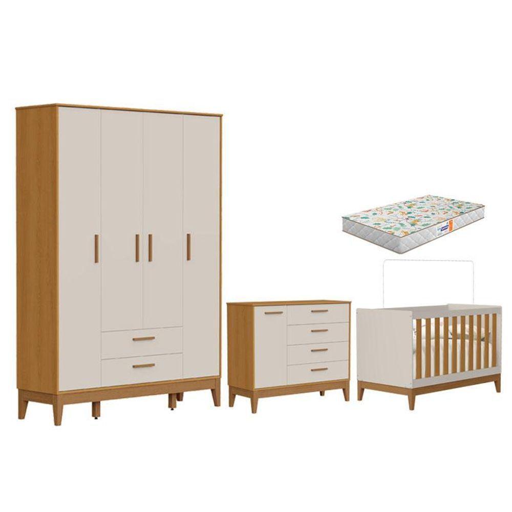Quarto De Bebê Flip Guarda Roupa 4 Portas Areia Acetinado Savana Com Colchão Gazin - Reller - 1