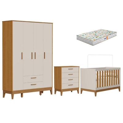 Quarto De Bebê Flip Guarda Roupa 4 Portas Areia Acetinado Savana Com Colchão Gazin - Reller