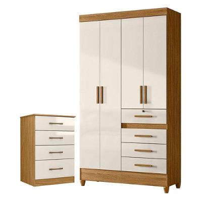 Guarda Roupa Solteiro e Cômoda Sobral Ms913 4 Portas Giratórias 4 Gavetas MDP Freijó Off White