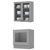 Armário Aéreo 2 Portas De Vidro Com Balcão Forno De Embutir 80cm Americana Cinza - Henn - 2