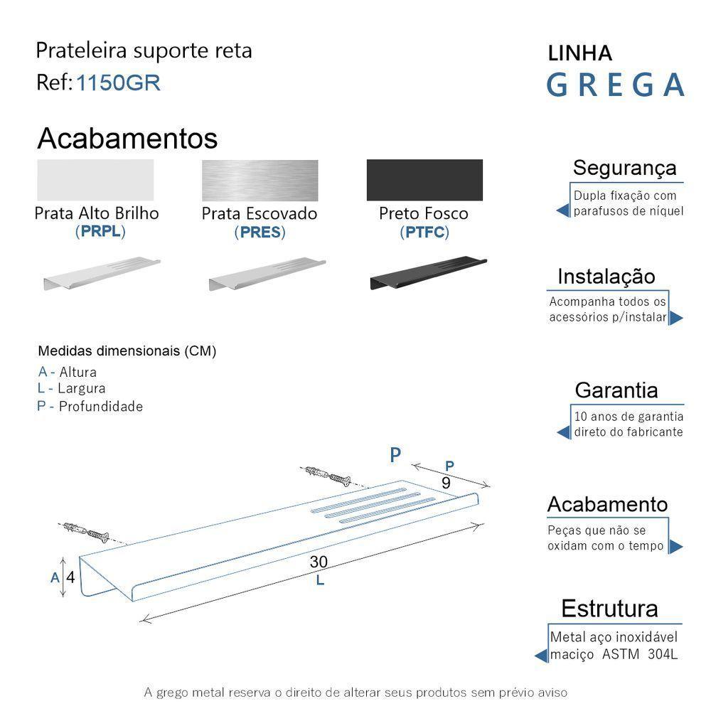 Prateleira Suporte Reto Para Banheiro Preto Fosco Grega Aço Inox 30cm - 3