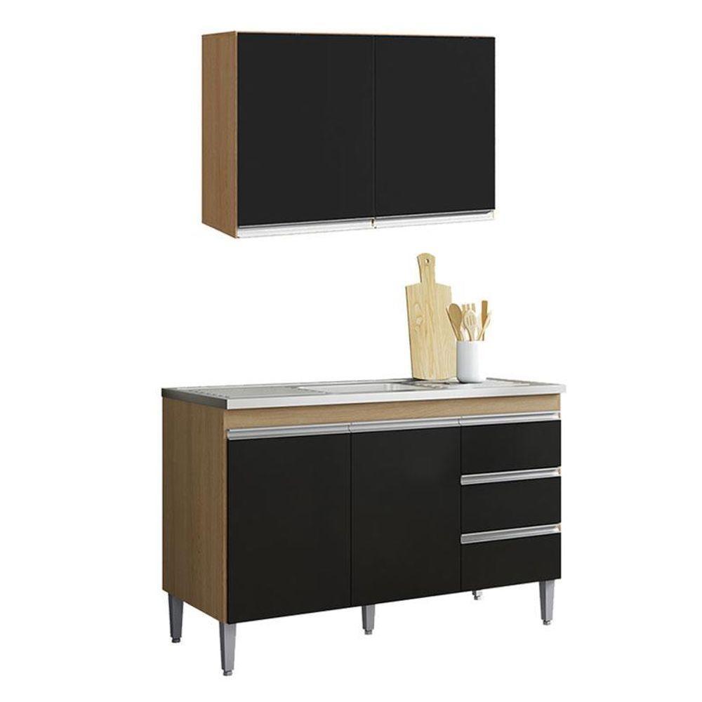 Armário Aéreo 80 Cm Com Balcão De Pia 100 Cm Andréia Preto Amêndoa - Ajl - 1