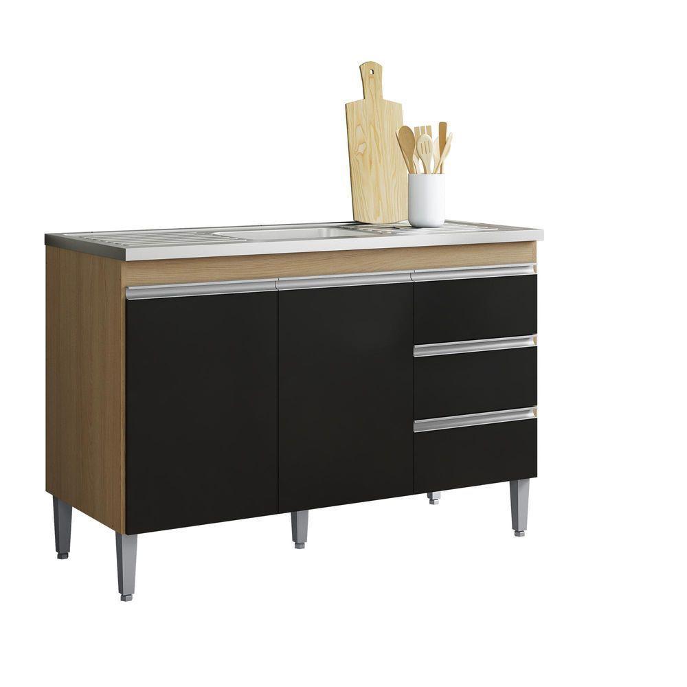 Armário Aéreo 80 Cm Com Balcão De Pia 100 Cm Andréia Preto Amêndoa - Ajl - 3