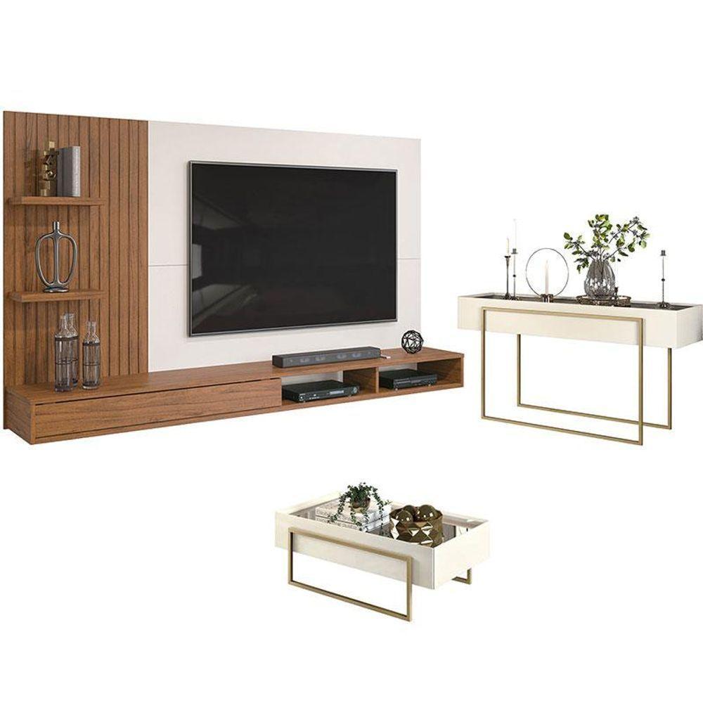 Painel Para Tv Bento Freijó Off White Com Aparador Suri E Mesa De Centro Suri Off White - Dj Móveis - 1