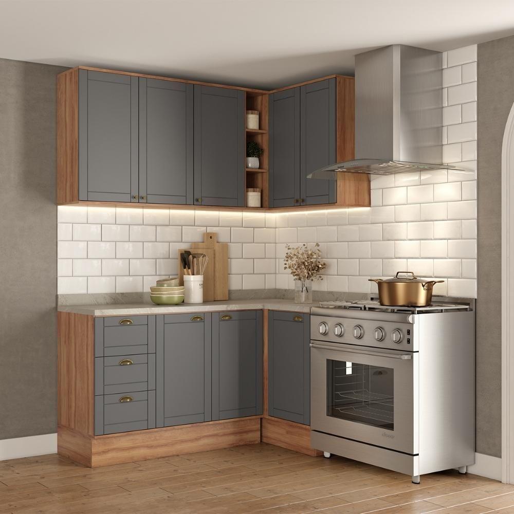 Armário De Cozinha Completa C Balcão Milla Bee Carraro Nogal Cinza Titânio - 1
