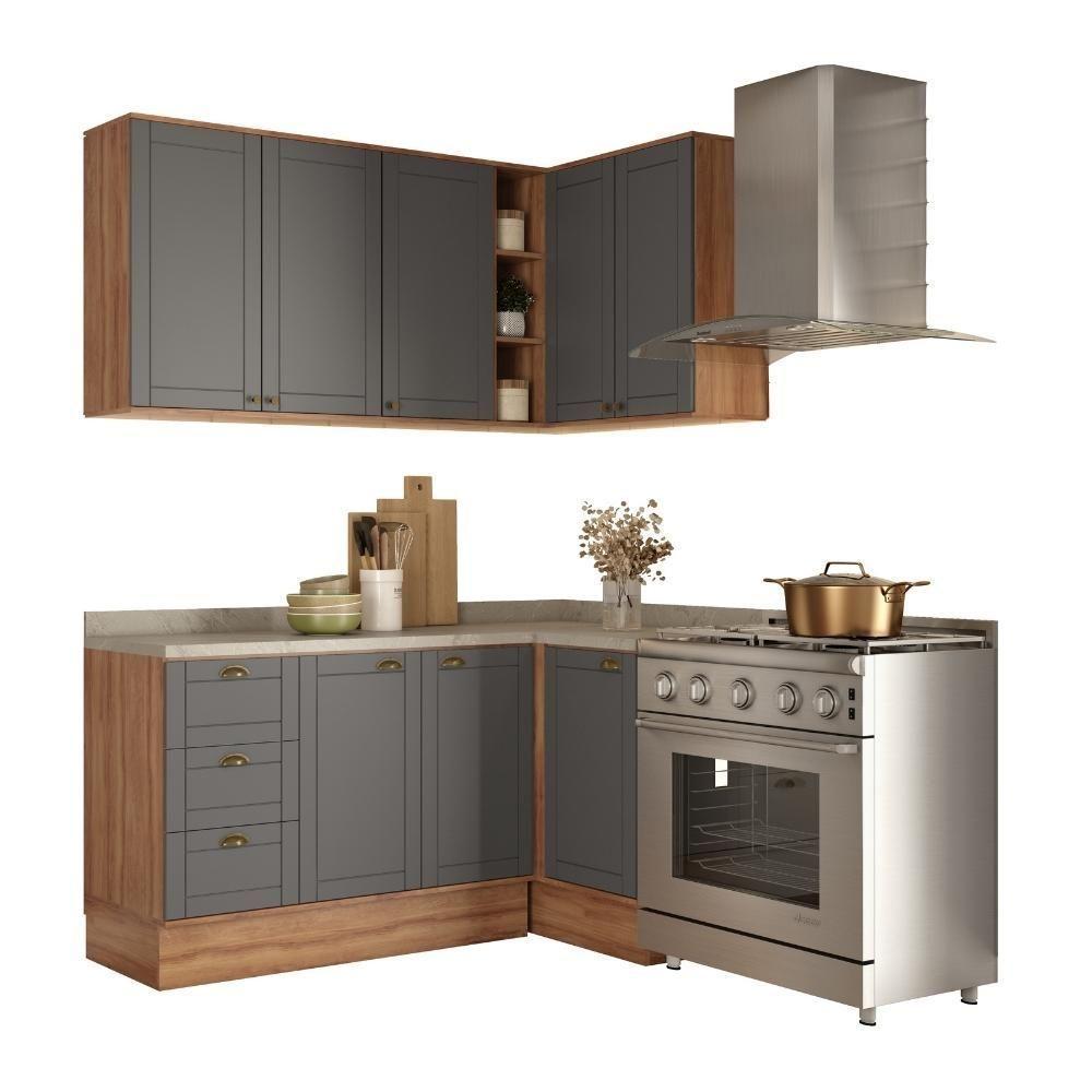 Armário De Cozinha Completa C Balcão Milla Bee Carraro Nogal Cinza Titânio - 2