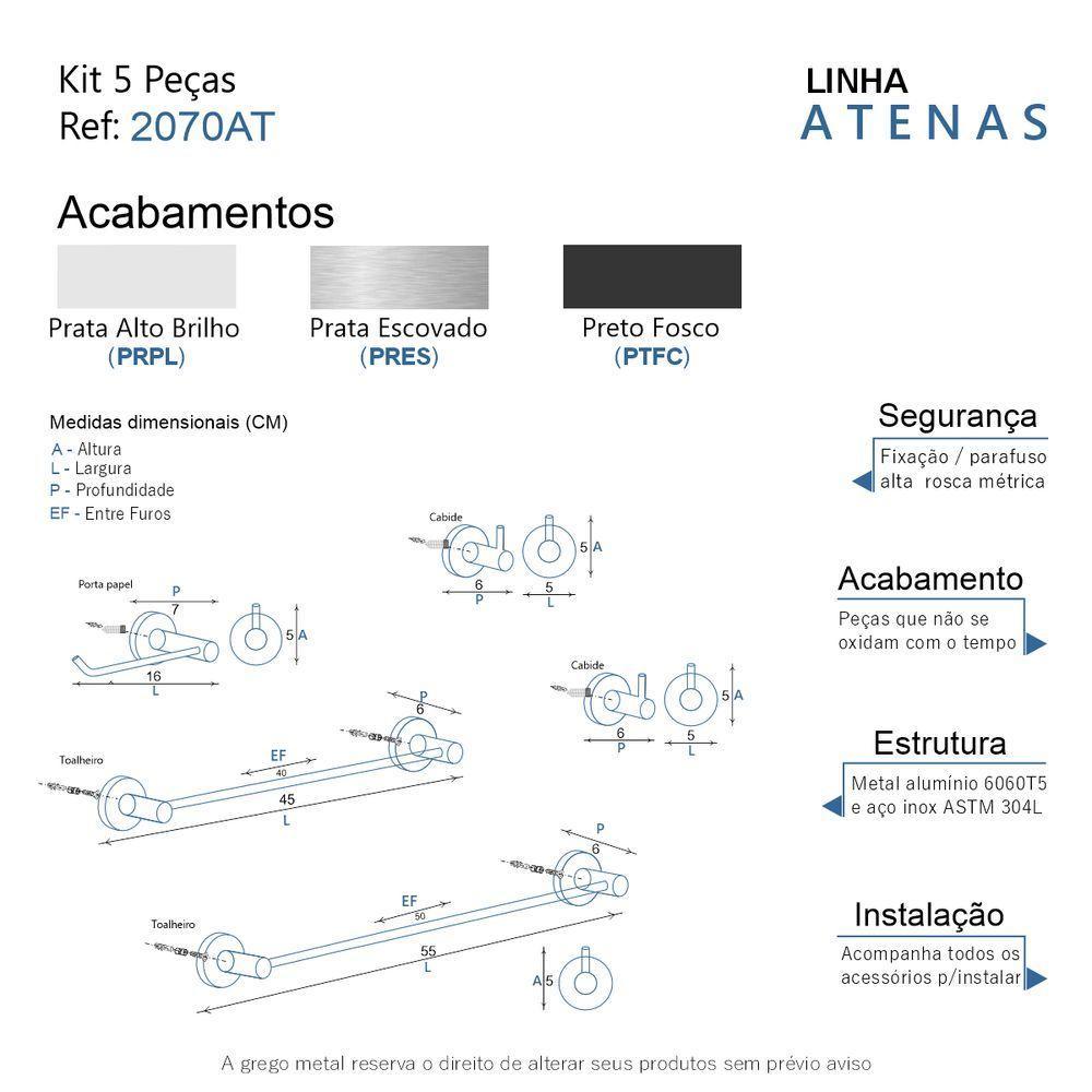 Kit De Acessórios Para Banheiro Preto Fosco 5 Peças Grego Metal 2070at - 10