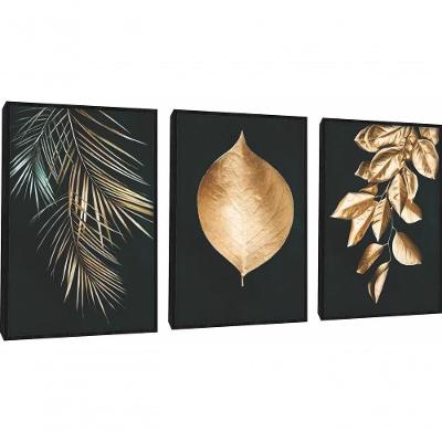 Quadro Decorativo Folhagem Dourada Gold Luxo Com Moldura Preto