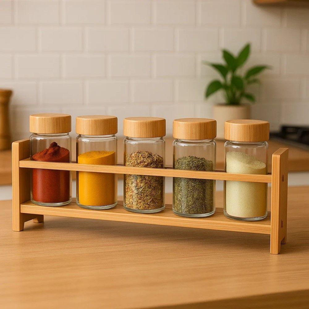 Kit 5 Porta Temperos De Vidro Com Tampa E Suporte De Bambu Wolff - 4