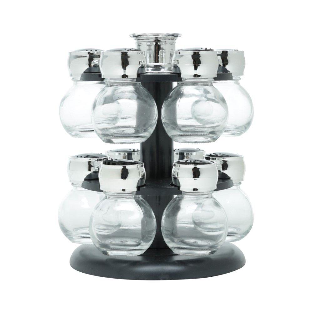 Conjunto Porta Temperos 13 Peças Em Vidro Com Tampa Plástica E Base Giratória Poli Preta Wolff - 1