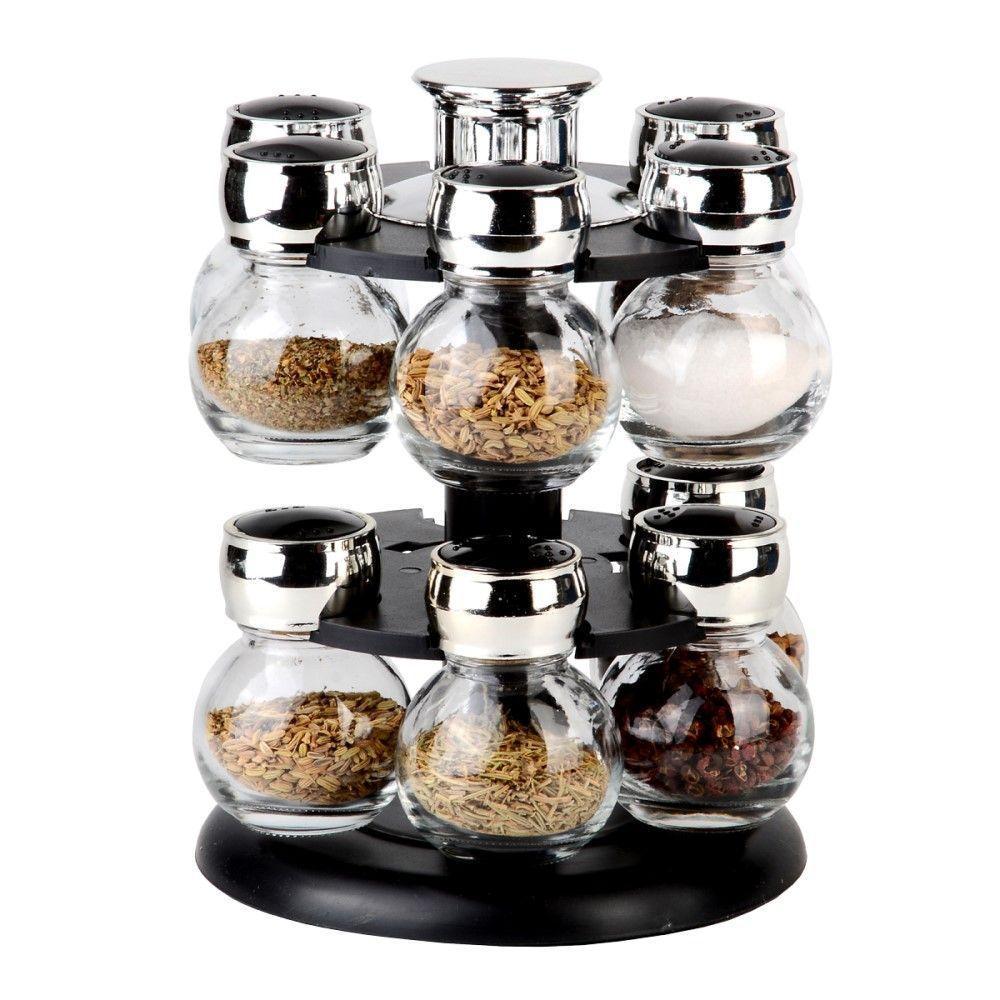 Conjunto Porta Temperos 13 Peças Em Vidro Com Tampa Plástica E Base Giratória Poli Preta Wolff - 3