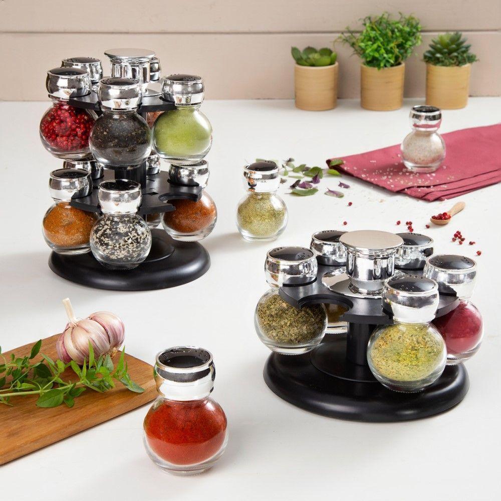 Conjunto Porta Temperos 13 Peças Em Vidro Com Tampa Plástica E Base Giratória Poli Preta Wolff - 4