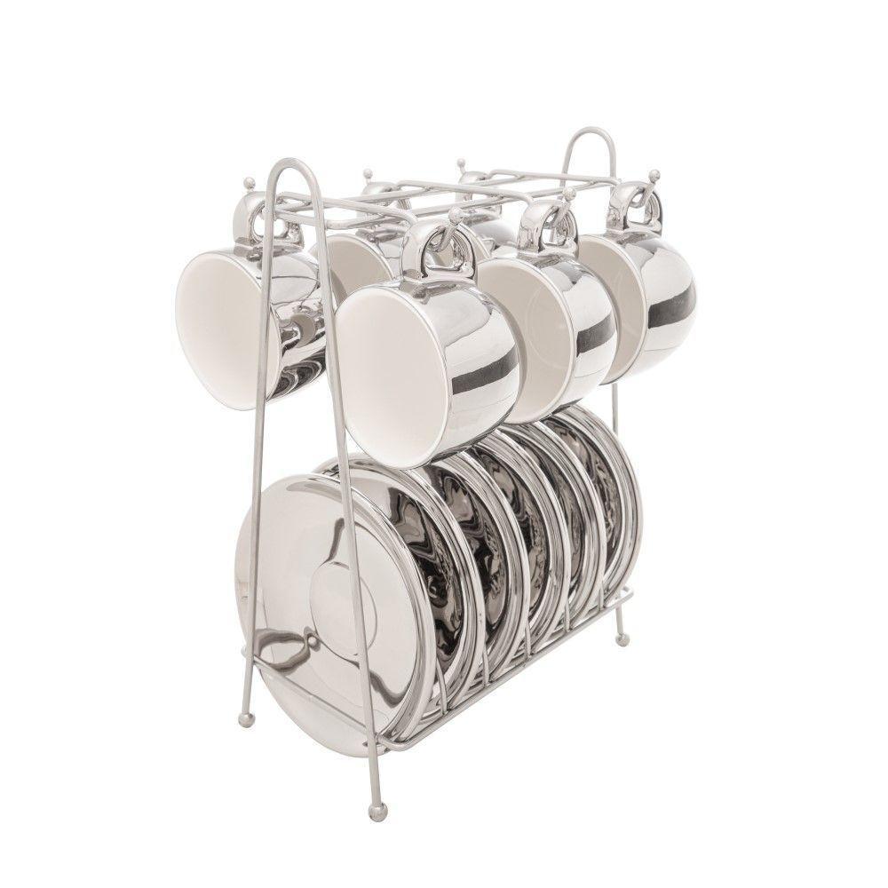 Conjunto De Xícara De Café 6 Peças De Porcelana Com Suporte Versa Prata-branco 90 Ml Wolff - 1