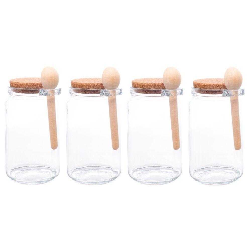 Kit 4 Porta Temperos Redondo 650 Ml Vidro Com Colher De Bambu E Tampa Rolha Lyor - 1