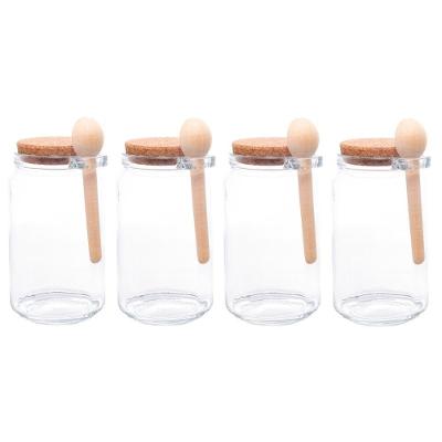 Kit 4 Porta Temperos Redondo 650ML Vidro com Colher de Bambu Tampa Rolha Transparente Lyor