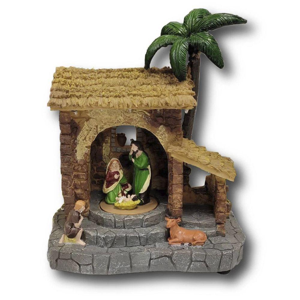Presepio Natal Sagrada Familia Giratorio Iluminado Som Natalino Acende Gira Manjedoura Casa Loja Mesa Estante Fim De Ano - 7