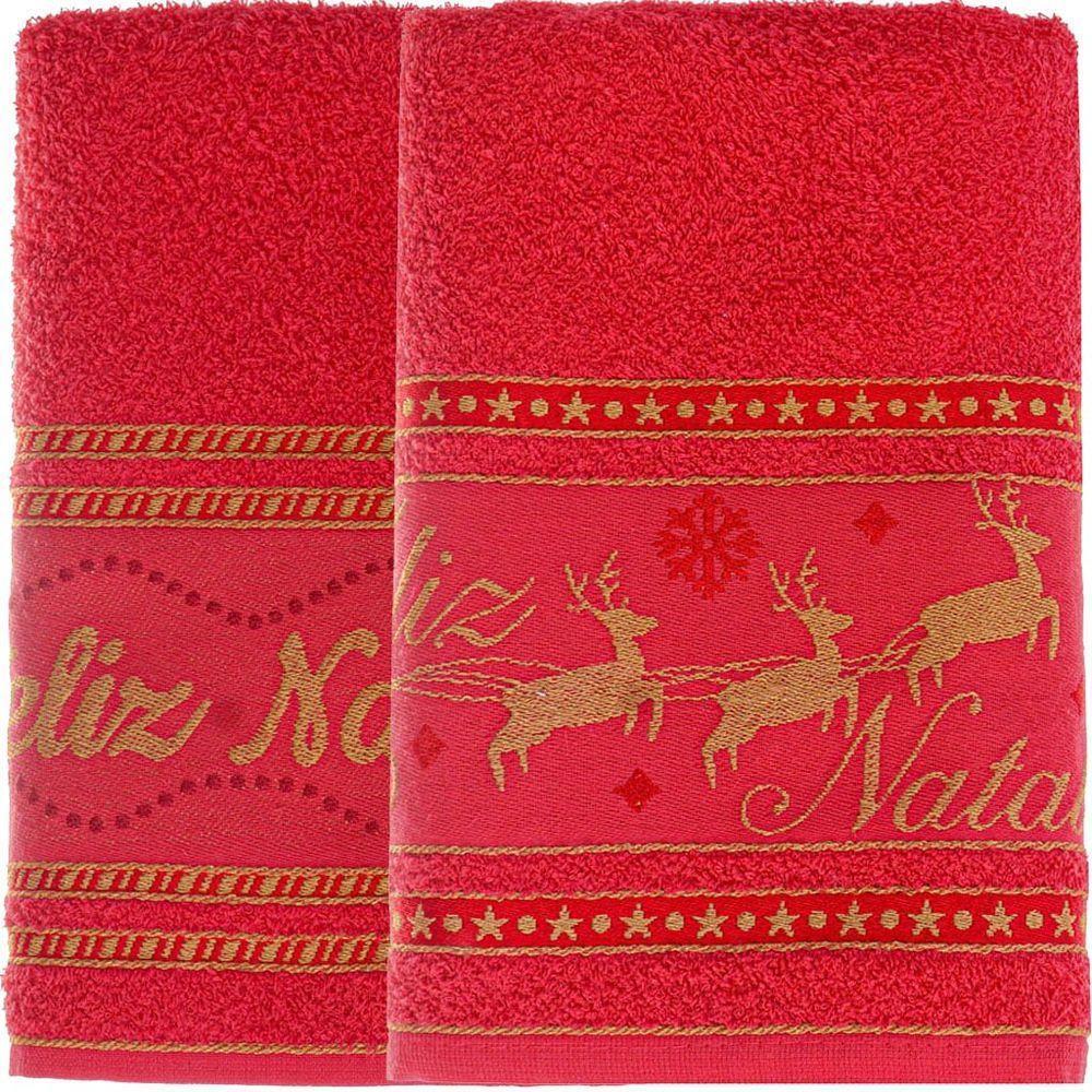 Kit 30 Toalha De Rosto Feliz Natal 90% Algodão 400g-m² 45x68cm Bene Casa Vermelho - 1