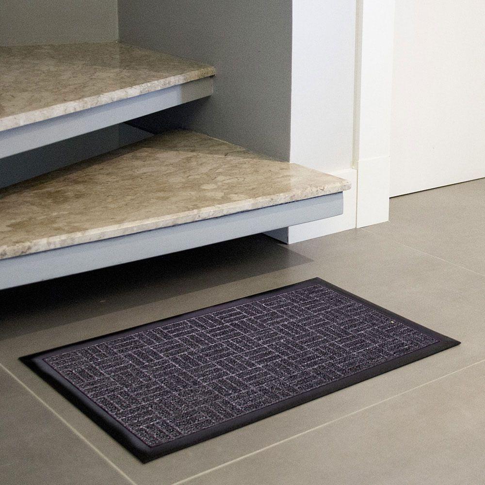 Capacho Textura Quadriculada Com Borda Fenice Cinza Escuro 69x39cm - Uzoo Tapete Fenice Liso 69x39cm Cinza Escuro Mescla - 2