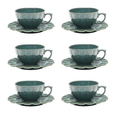 Conjunto de Xícara de Chá com Pires Flora Hortência em Porcelana Verde para Mesa Posta Oxford