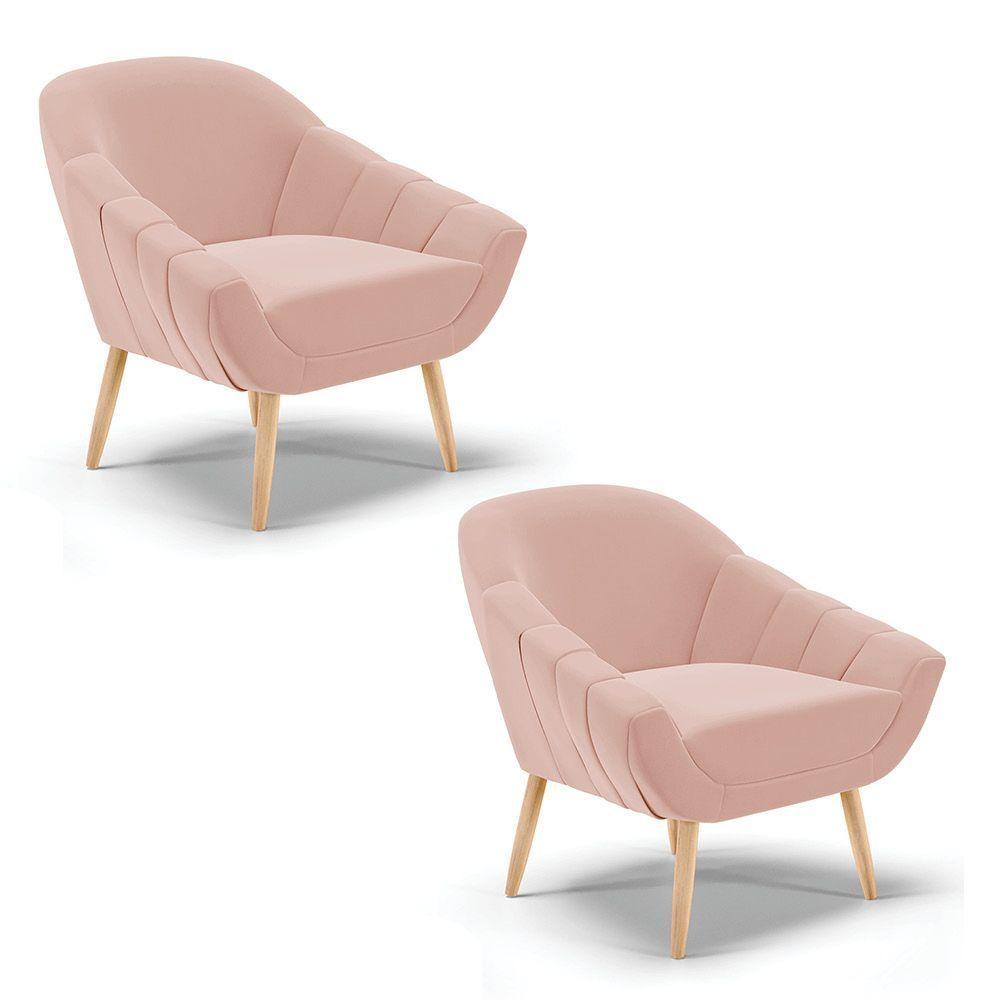 Kit 02 Poltronas Giovana Veludo Rosê Pés Palito Natural D03 - D'rossi - 1