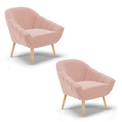 Kit 02 Poltronas Giovana Veludo Rosê Pés Palito Natural D03 - D'rossi