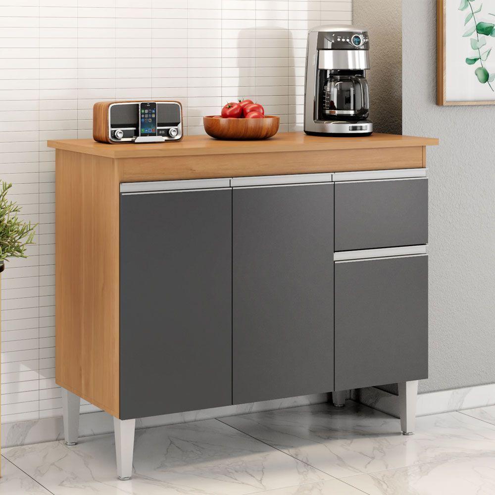 Balcão Gabinete De Pia Sem Tampo Tatiane 100cm 3 Portas 1 Gaveta - Ssx Multicoisas Amendoa E Preto - 1