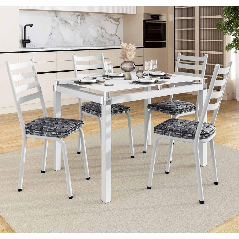 Conjunto Mesa De Jantar Com 4 Cadeiras 166 Malva Tampo Vidro 107cm Branco Assento Mosaico Silver - Combo Stock - 1