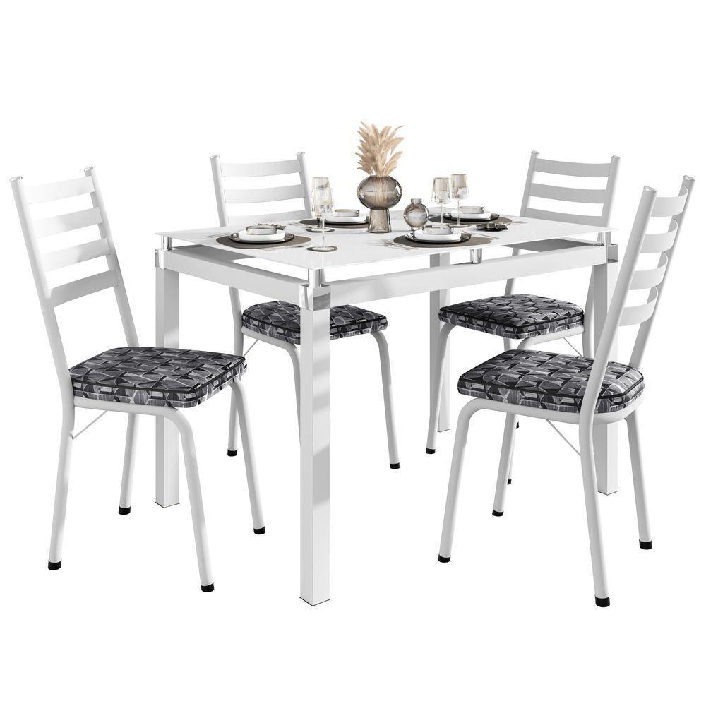 Conjunto Mesa De Jantar Com 4 Cadeiras 166 Malva Tampo Vidro 107cm Branco Assento Mosaico Silver - Combo Stock - 2