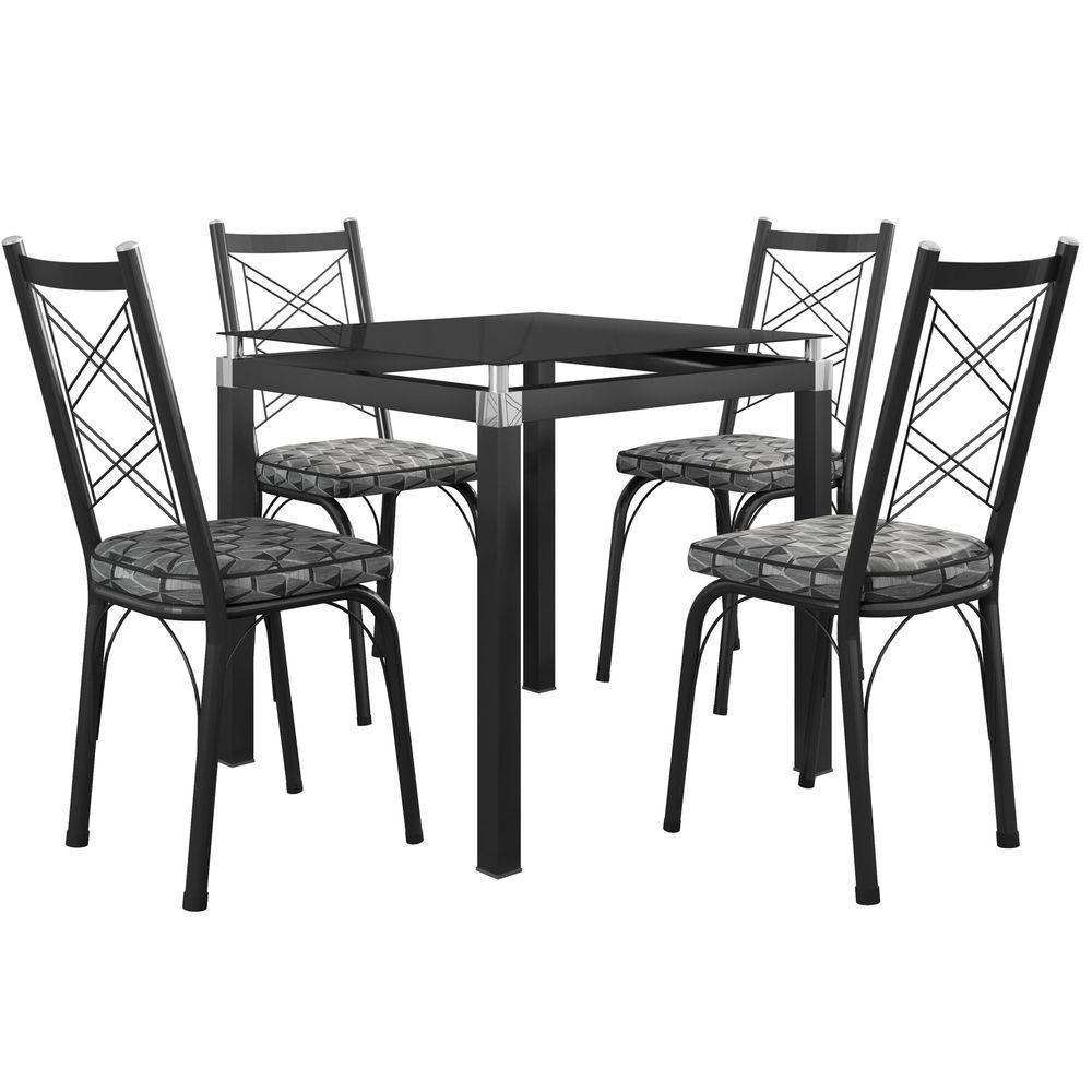 Conjunto Mesa De Jantar Com 4 Cadeiras 143 Malva Tampo Vidro 75cm Sf Preto Assento Mosaico Silver - Combo Stock - 1