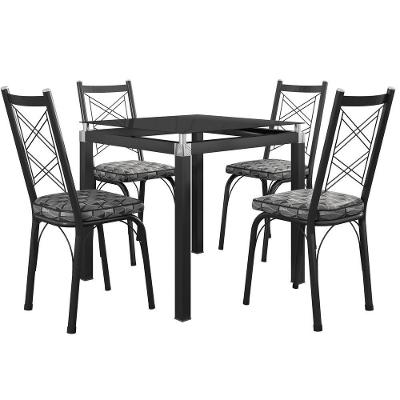 Conjunto Mesa De Jantar Com 4 Cadeiras 143 Malva Tampo Vidro 75cm Sf Preto Assento Mosaico Silver - Combo Stock