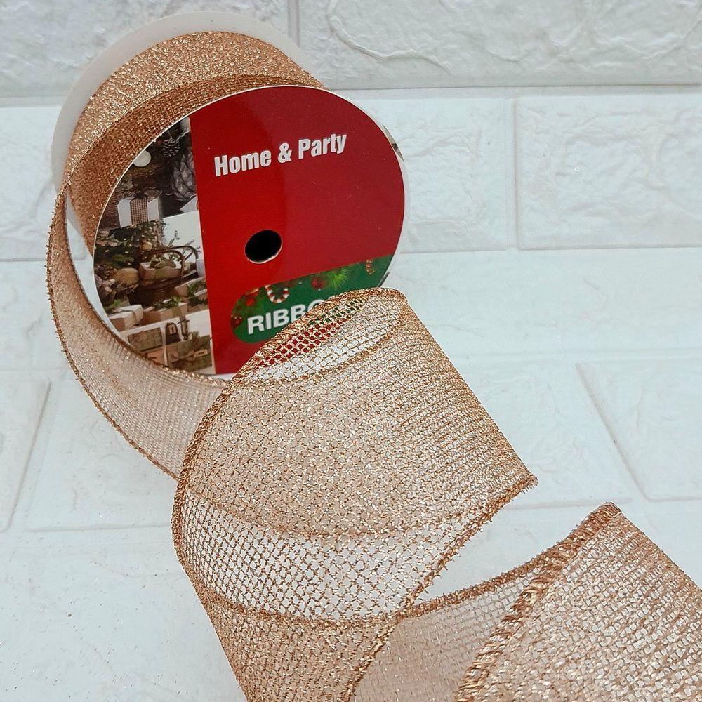 Rolos Fita Aramada Bronze Decoração Natal 6,3cm 9m Kit 2pçs - 1