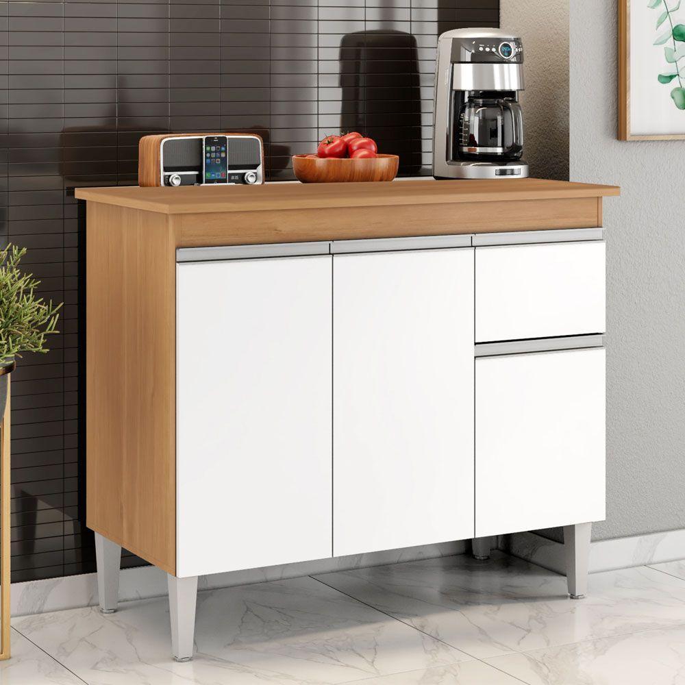 Balcão Gabinete De Pia Sem Tampo Tatiane 100cm 3 Portas 1 Gaveta - Ssx Multicoisas Amendoa E Branco - 1